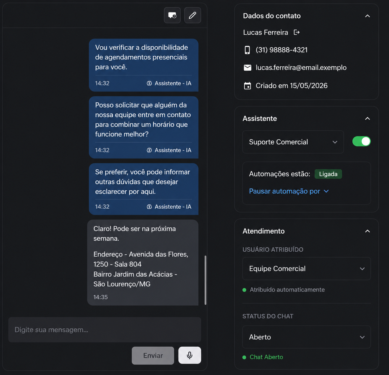 Conversa com painel de dados do contato